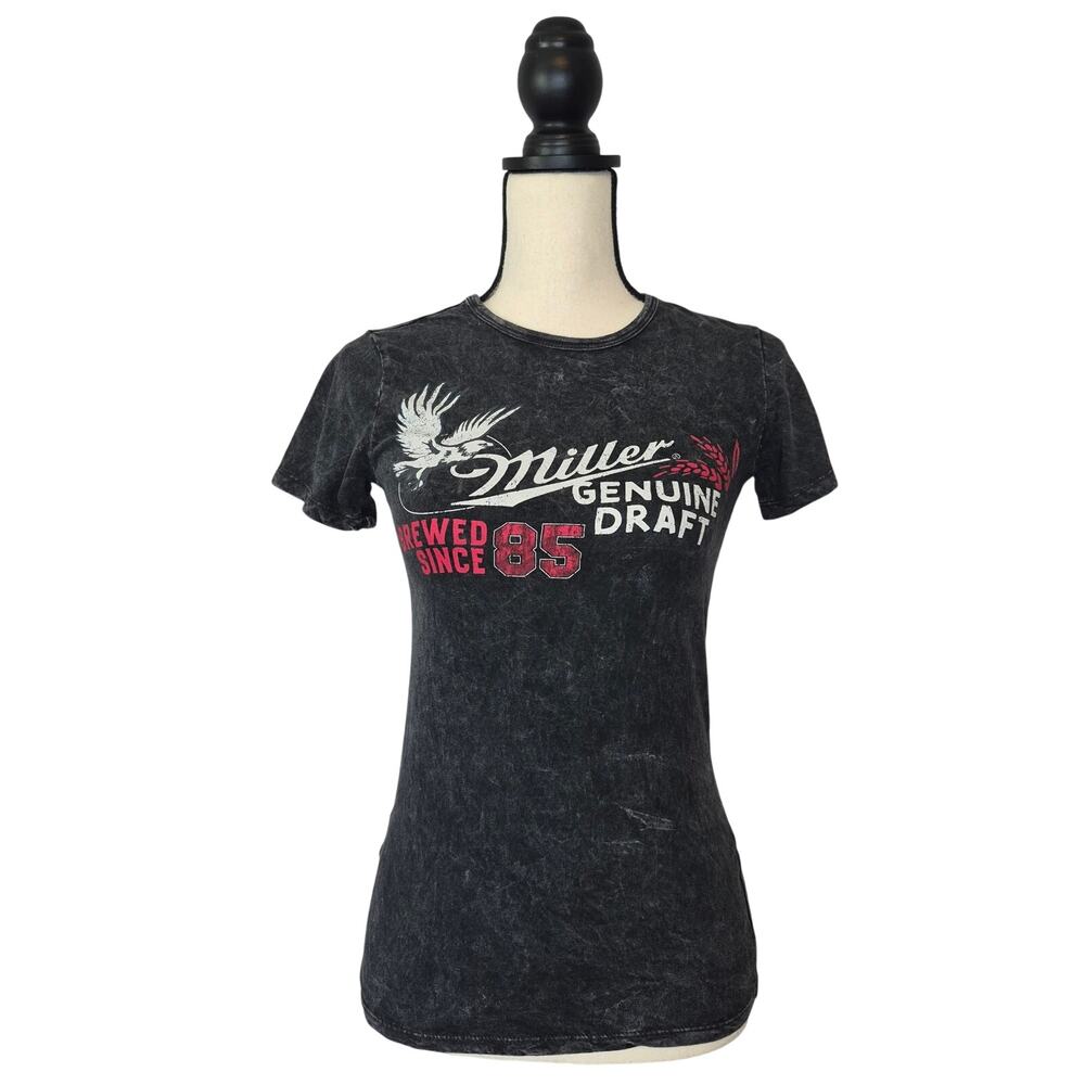 Miller High Life Mad Engine Black Grey Vintage Wash Graphic Tee Women's Sz XS